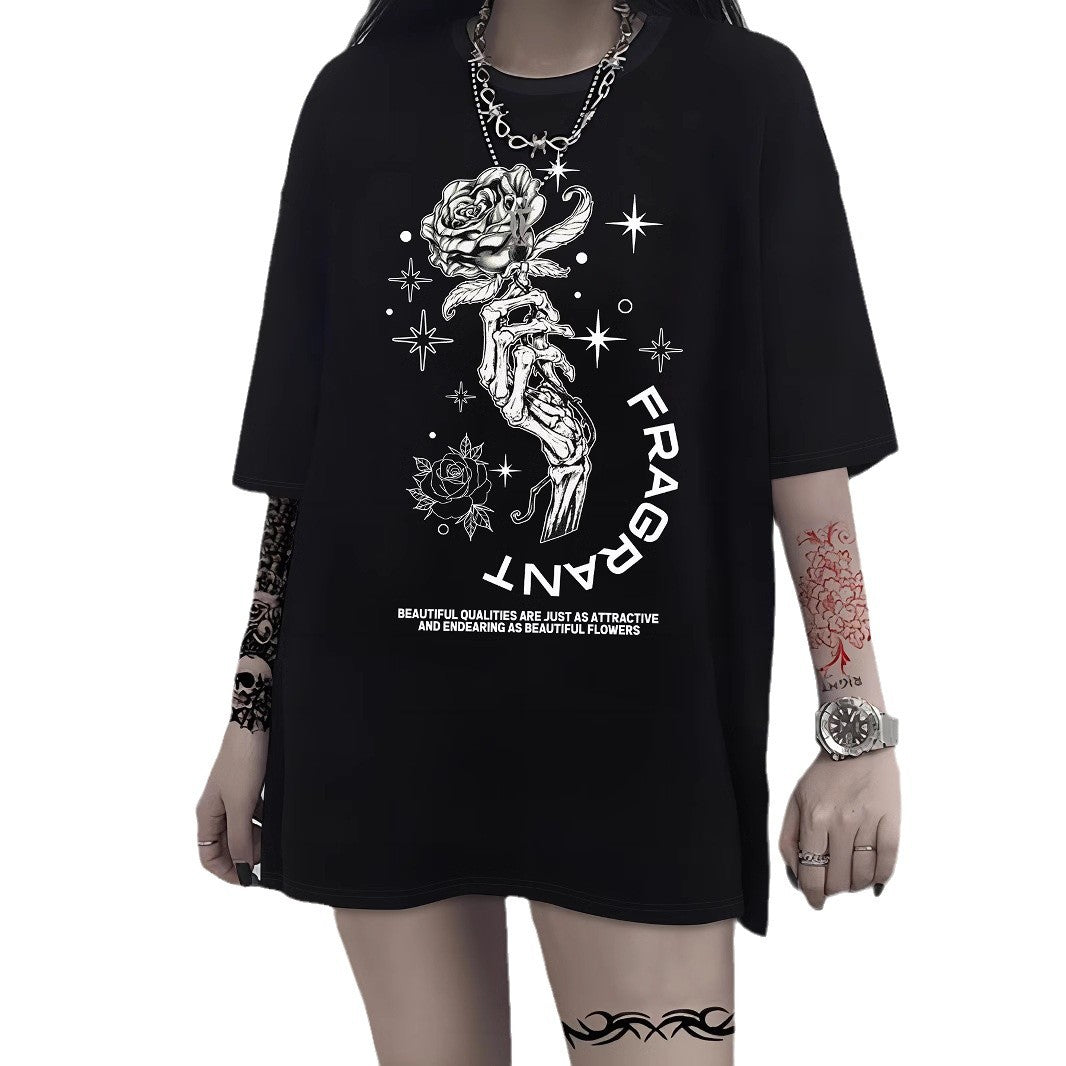 Damen T-Shirt mit künstlerischem Skelettmotiv und einzigartigem Druck Drune