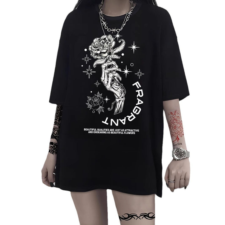 Damen T-Shirt mit künstlerischem Skelettmotiv und einzigartigem Druck Drune