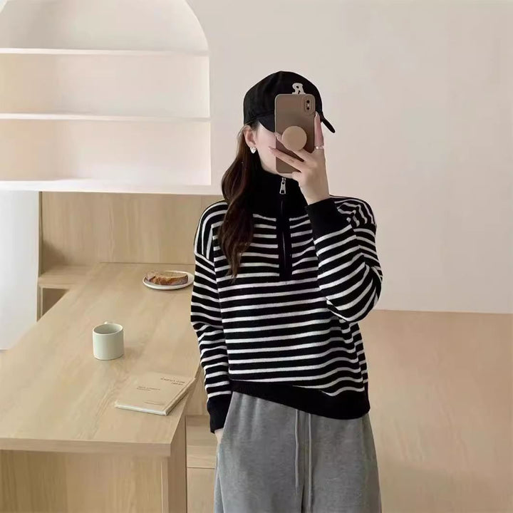 Damen lässiger Pullover mit Reißverschluss und Streifenmuster Drune