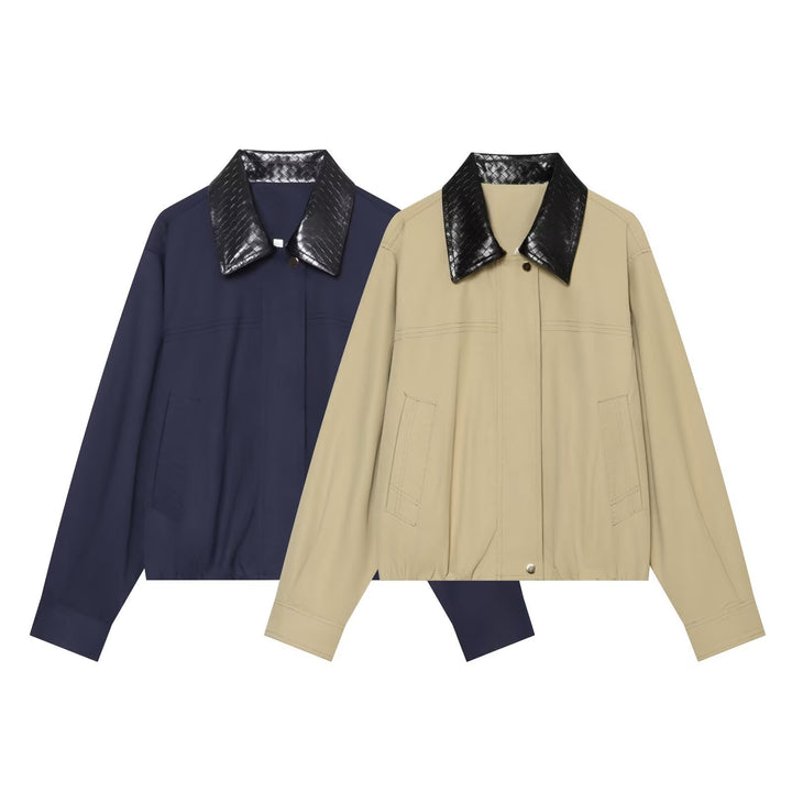 Damen Leichte Oversize Blousonjacke mit kontrastierendem geprägtem Kunstlederkragen Drune