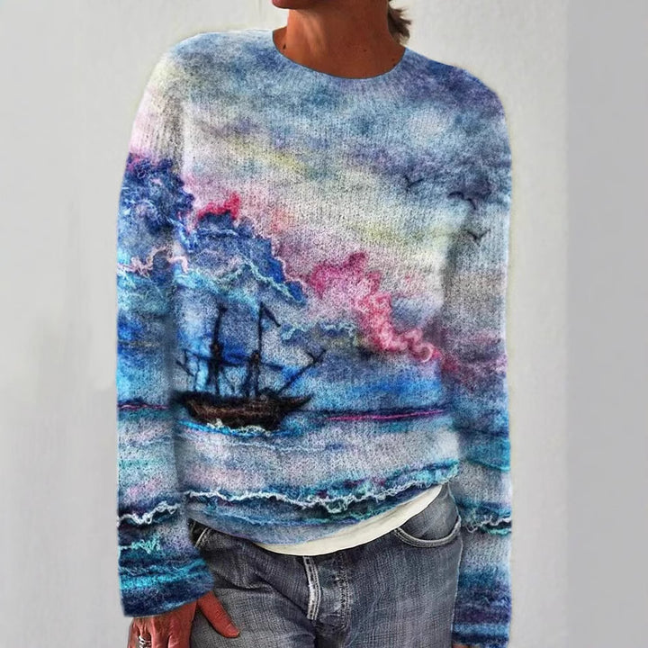 Damen nan bestickter Strickpullover mit reliefartiger Blumenstickerei und Rundhalsausschnitt Drune