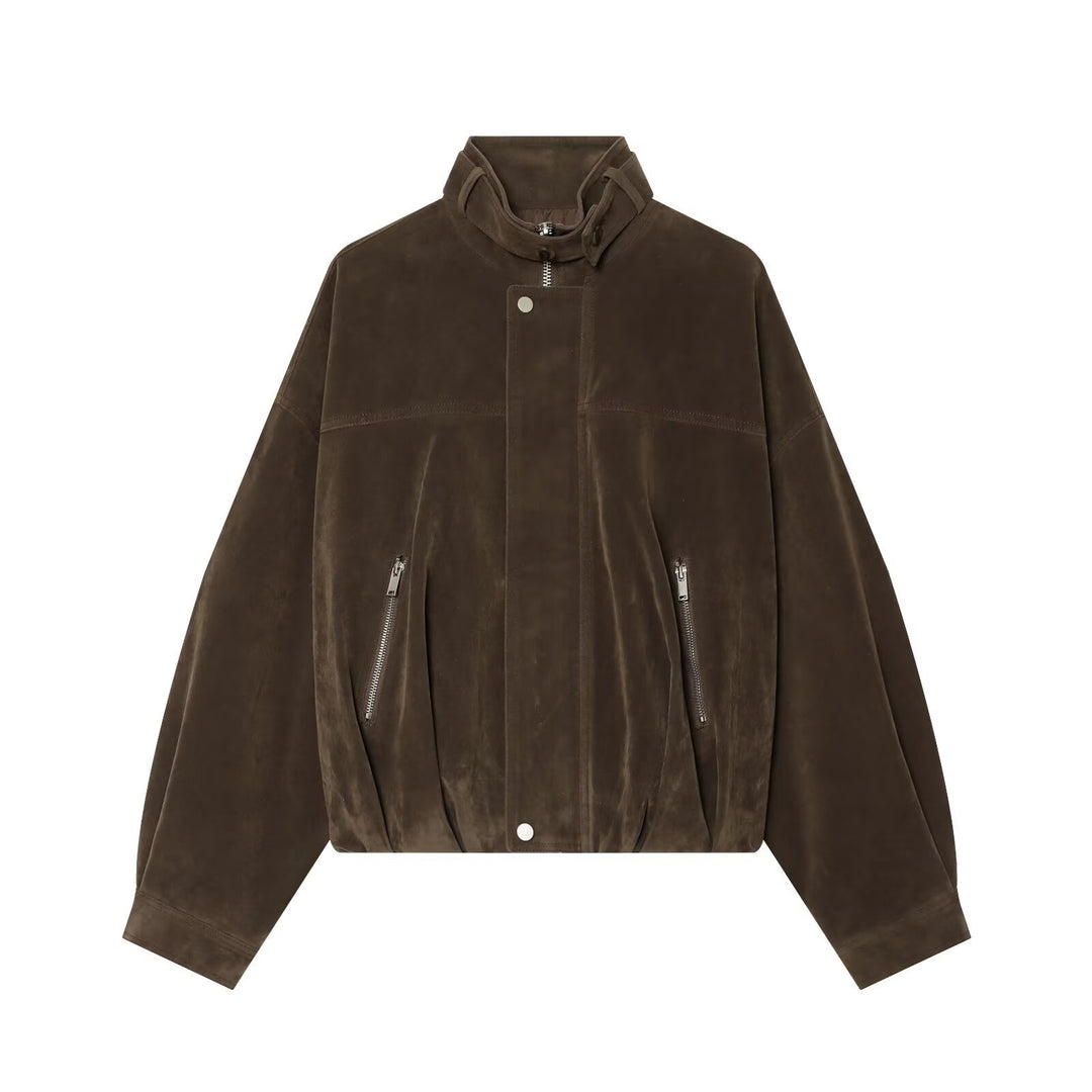 Damen Oversize-Wildleder‑Bomberjacke mit hohem Stehkragen und Reißverschlusstaschen Drune