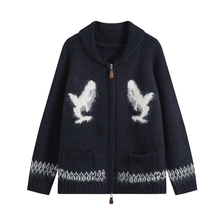 Damen Grobgestrickter Zip-Cardigan mit Schalkragen und Intarsia-Motiv Drune
