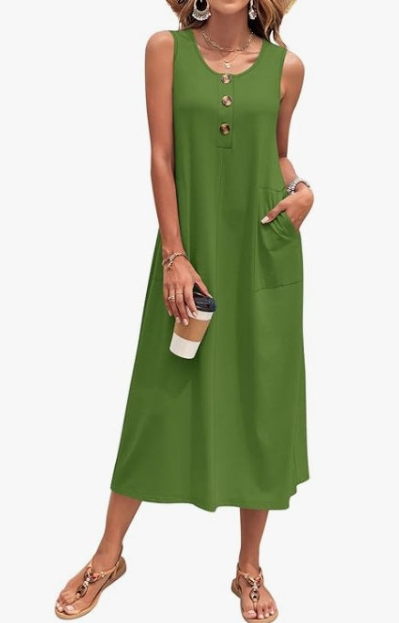 Damen Lässiges Midikleid mit Taschen und Knopfdetails Drune