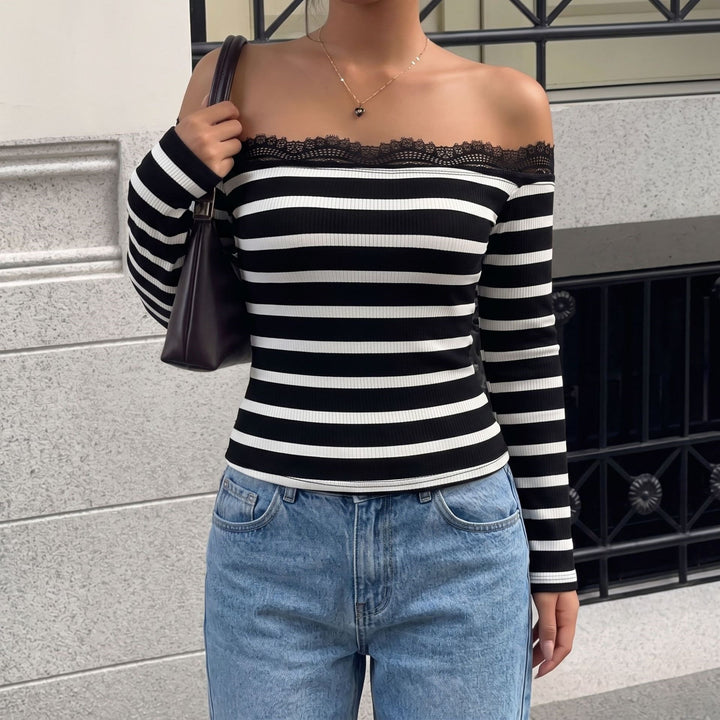 Damen Off-Shoulder Streifenoberteil mit Spitzenrand Drune