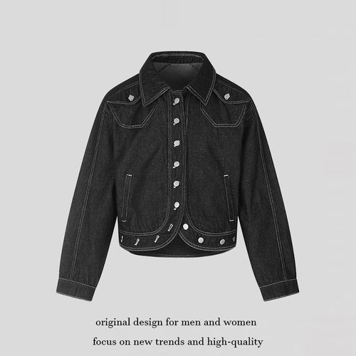 Damen Cropped Denim-Jacke im Western‑Look mit Kontrastnähten und Metall-Druckknöpfen Drune