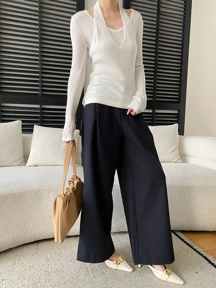 Damen eleganter V-Ausschnitt Rippenshirt mit langen Ärmeln und Untertop Drune