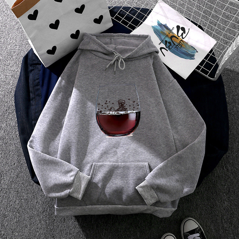Damen nan lässiger Kapuzenhoodie mit fotorealistischer Weinglas‑Grafik, Kängurutasche und weichem Fleece Drune