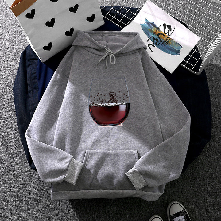 Damen nan lässiger Kapuzenhoodie mit fotorealistischer Weinglas‑Grafik, Kängurutasche und weichem Fleece Drune