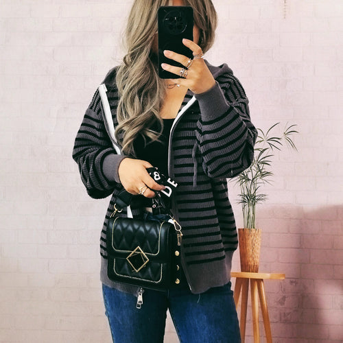 Damen lässiger Hoodie mit gestreifter Struktur und praktischen Taschen Drune