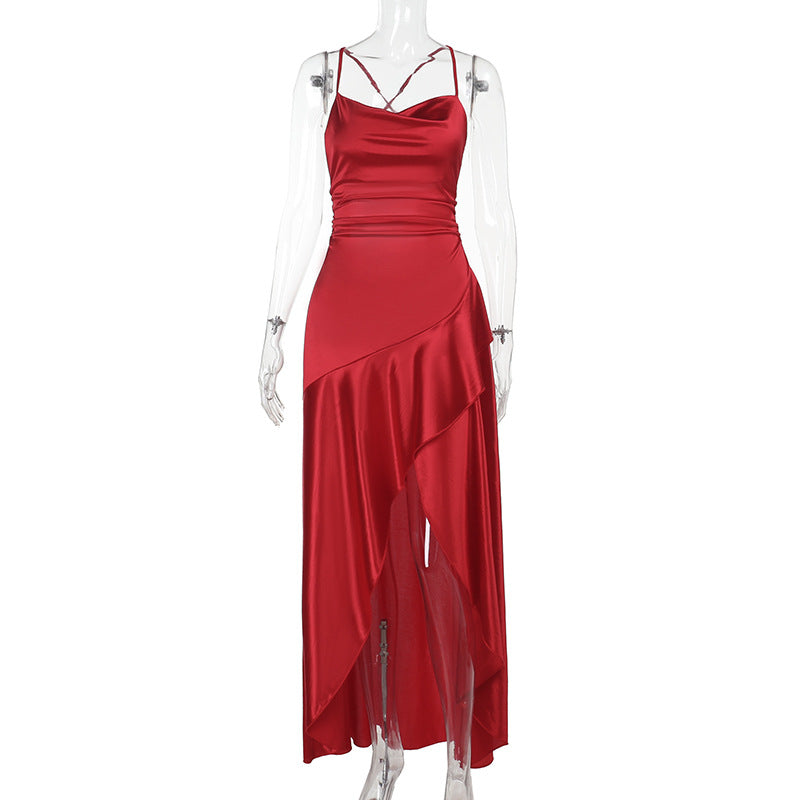 Damen luxuriöses Satin-Maxikleid mit asymmetrischem Schnitt Drune