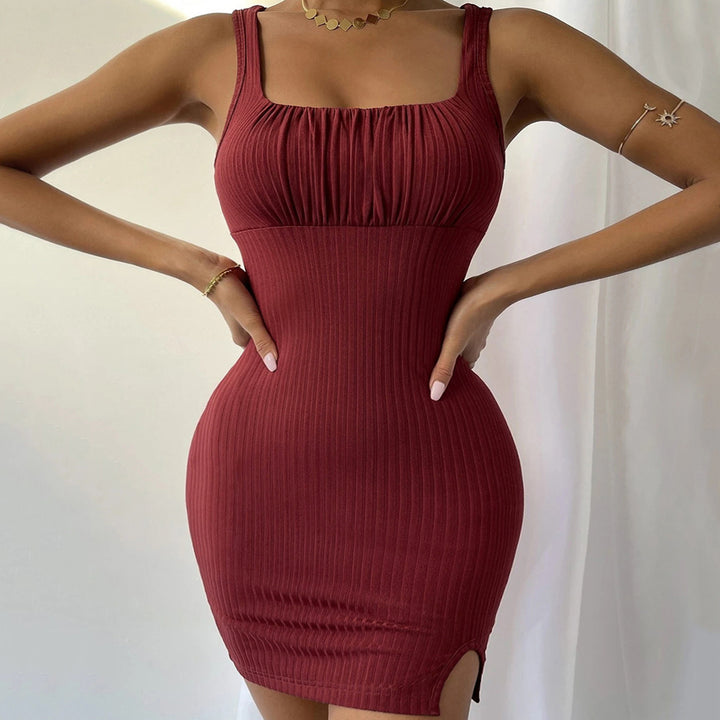 Damen figurbetontes Rippkleid mit quadratischem Ausschnitt und hohem Schlitz Drune