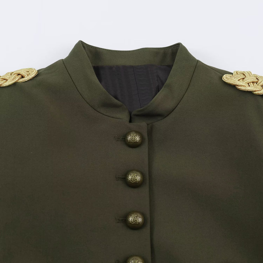 Damen Kurzer Militärblazer mit Stehkragen, goldverzierten Epauletten und dekorativen Knoten Drune