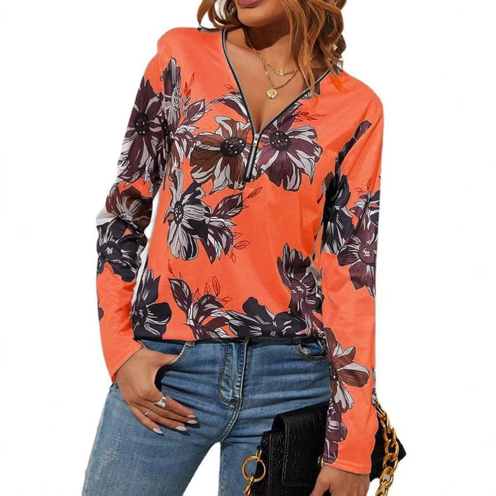 Damen Langarmshirt mit Reißverschluss V-Ausschnitt und großem Blumenmuster Drune