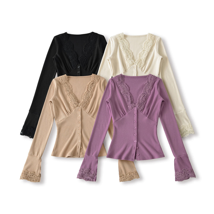 Damen Langarmshirt mit femininem Spitzenkragen und Knopfdetail Drune