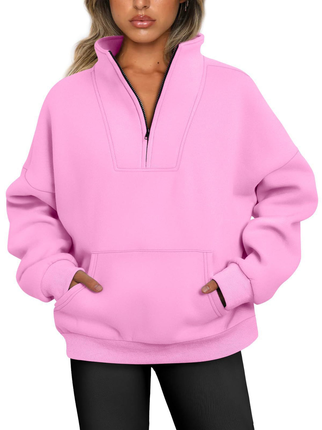 Damen lässiger Pullover mit hohem Kragen und praktischer Kängurutasche Drune