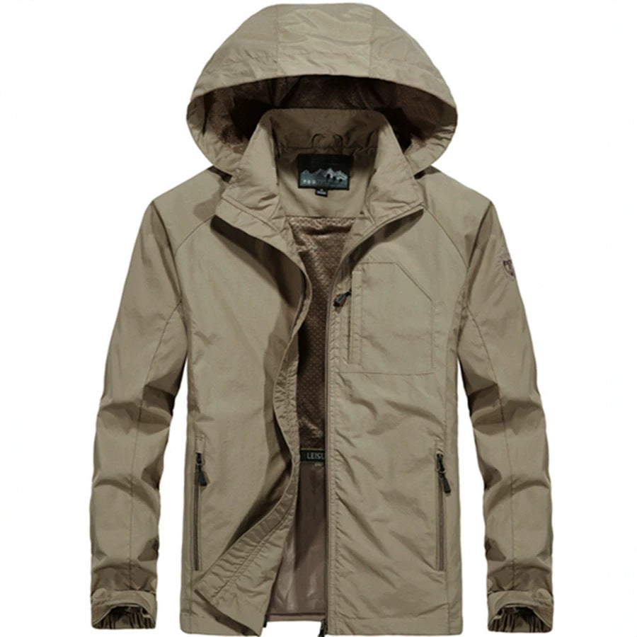 Herren Leichte Allwetter-Fieldjacke mit Kapuze, Mesh‑Innenfutter und Reißverschlusstaschen Drune