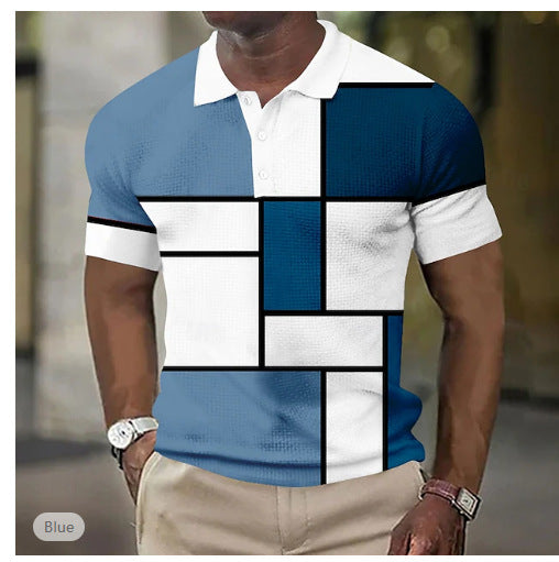Herren nan kurzärmeliges Poloshirt mit geometrischem Blockmuster und feinem Strukturpiqué Drune
