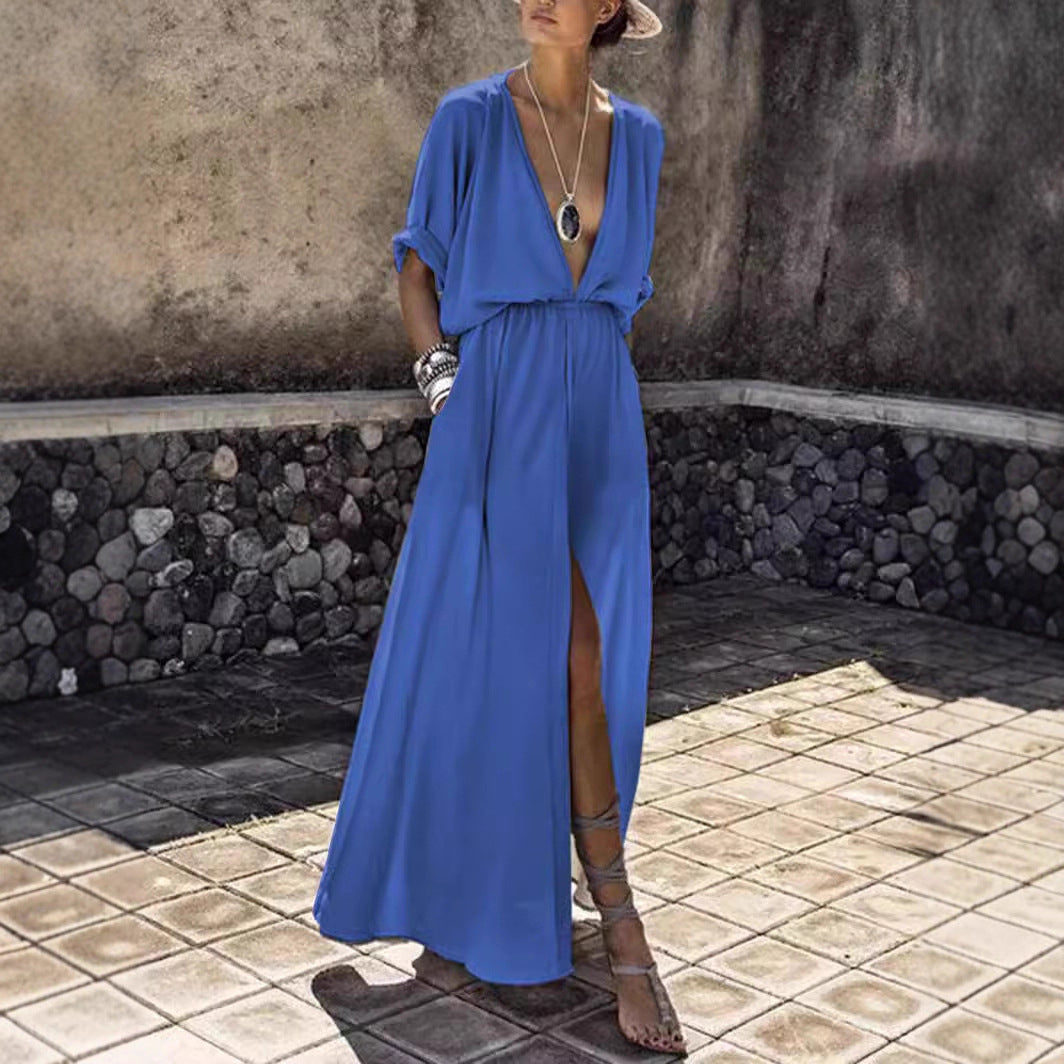 Damen Elegantes Maxikleid mit tiefem V-Ausschnitt und hohem Schlitz Drune