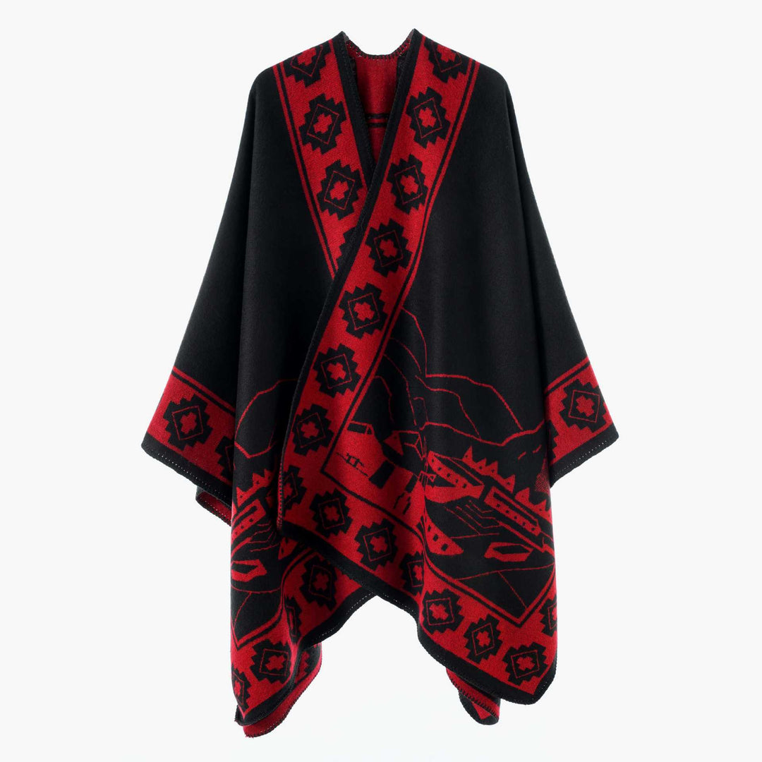 Damen Jacquard‑Strickponcho mit offenem Fall und Bordüren‑Detail Drune
