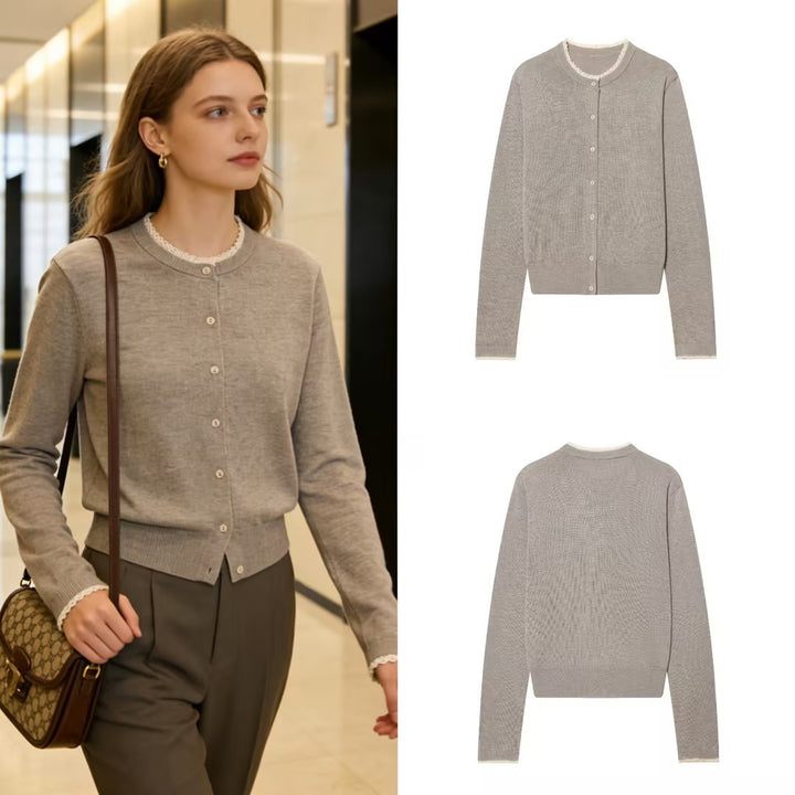 Damen Feiner Strick-Cardigan mit Rundhalsausschnitt, Knopfleiste und Spitzenbesatz Drune