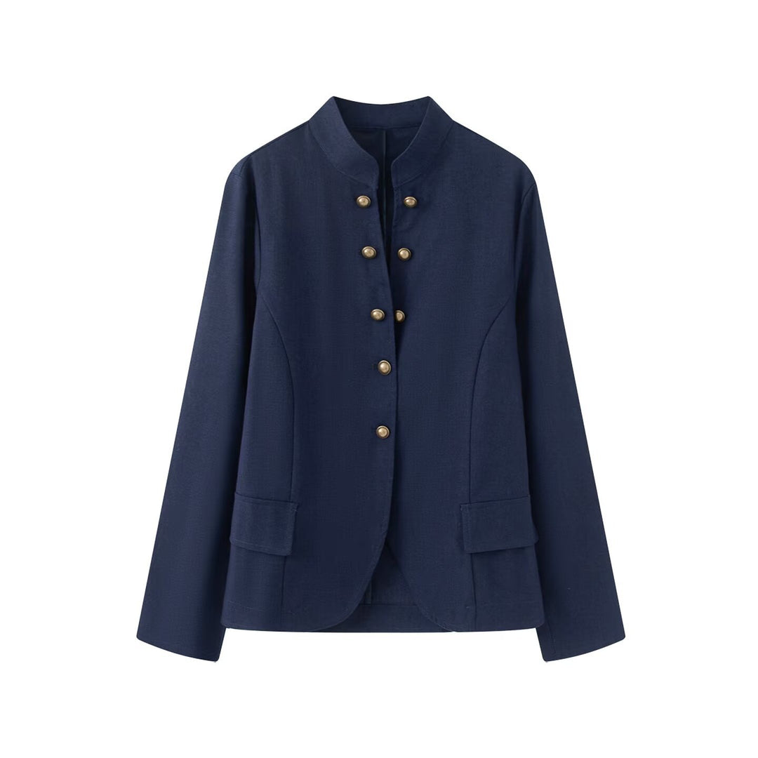 Damen Elegante Kurzjacke mit Stehkragen, Zierriegelknöpfen und Pattentaschen Drune