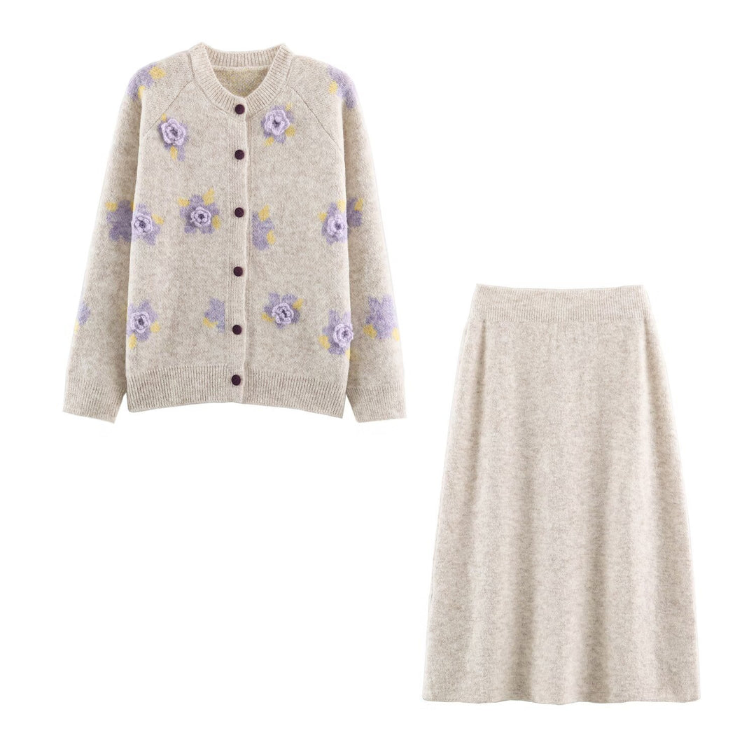 Damen Feinstrick-Zweiteiler Cardigan mit Blumen-Jacquard und tailliertem A-Linien Strickrock Drune