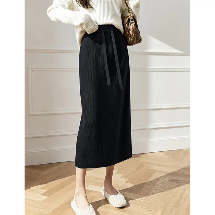 Damen Eleganter Rippstrick-Midirock mit Bindegürtel Drune