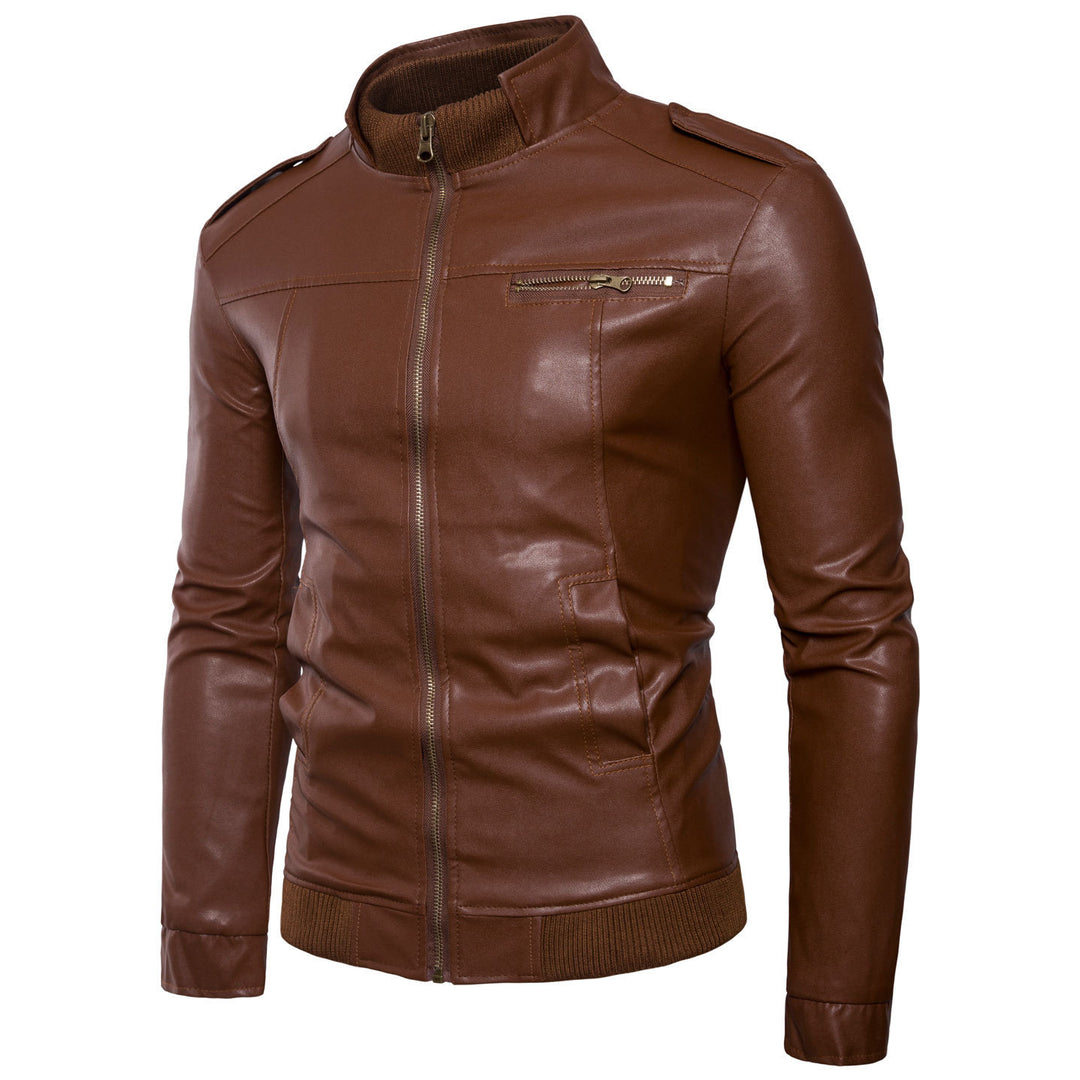 Herren Bikerinspirierte Kunstleder-Bomberjacke mit Stehkragen, Rippbündchen und Schulterpatten Drune