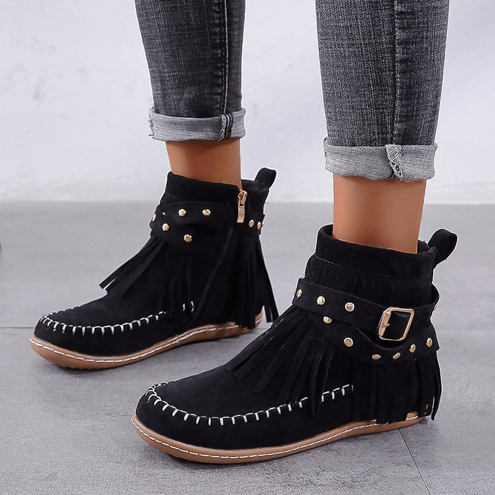 Damen nan Fransen-Mokassin-Stiefelette mit Ziergurt, Schnalle und weicher Gummisohle Drune