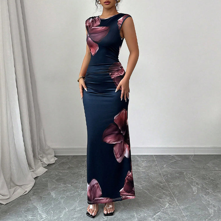 Damen elegantes Maxi-Kleid mit floralem Drapierungsdesign und figurbetonendem Schnitt Drune