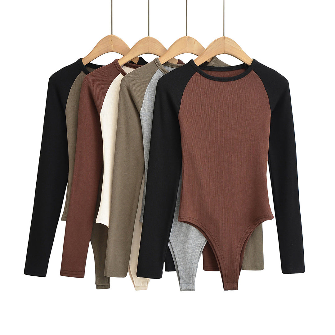 Damen Raglan-Bodysuit mit langen Ärmeln, Rippstruktur und Druckknopfverschluss Drune