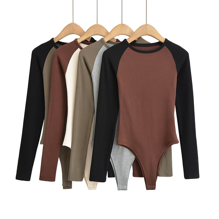 Damen Raglan-Bodysuit mit langen Ärmeln, Rippstruktur und Druckknopfverschluss Drune