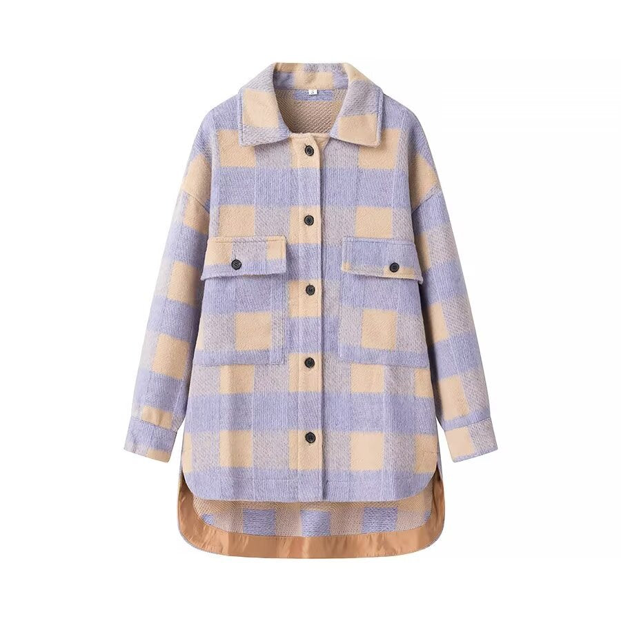 Damen nan oversized karierte Hemdjacke im Shacket-Stil mit aufgesetzten Pattentaschen und verlängertem Rundsaum Drune