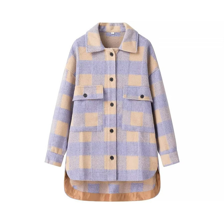 Damen nan oversized karierte Hemdjacke im Shacket-Stil mit aufgesetzten Pattentaschen und verlängertem Rundsaum Drune