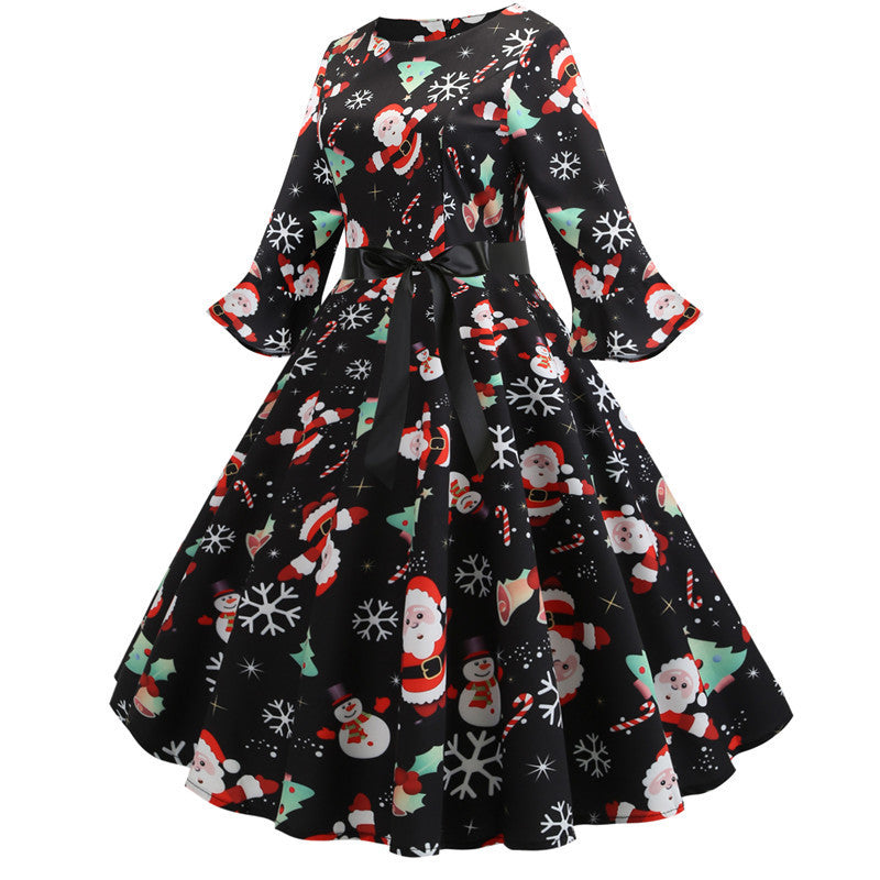 Damen Weihnachtsfestliches Kleid mit schwingendem Rock und langen Ärmeln Drune