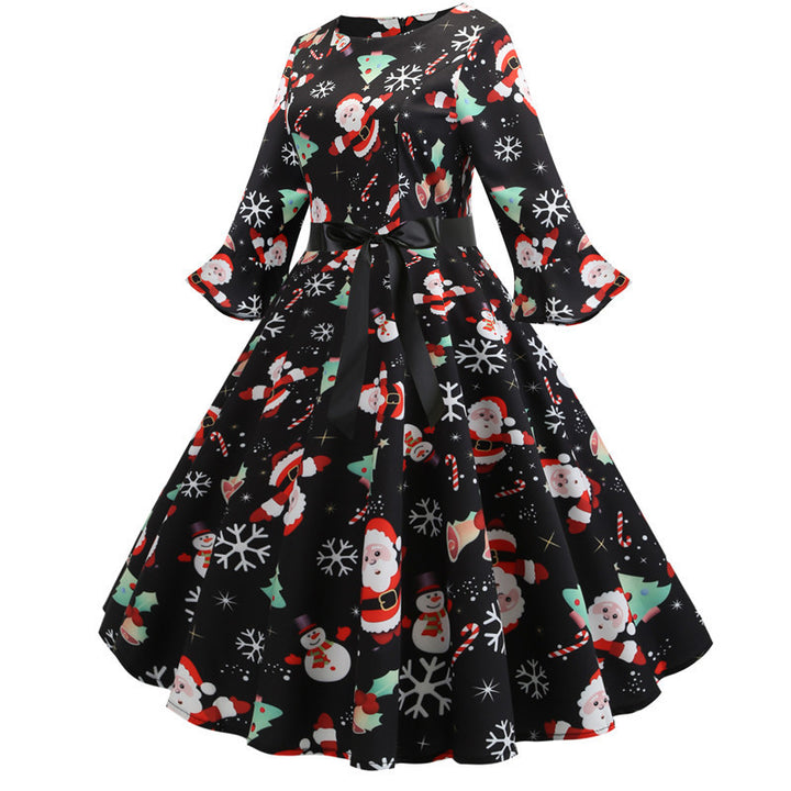 Damen Weihnachtsfestliches Kleid mit schwingendem Rock und langen Ärmeln Drune