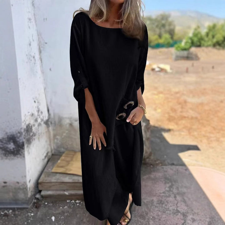 Damen Lässiges Maxikleid mit tiefem Rundhalsausschnitt und praktischen Knopfdetails Drune