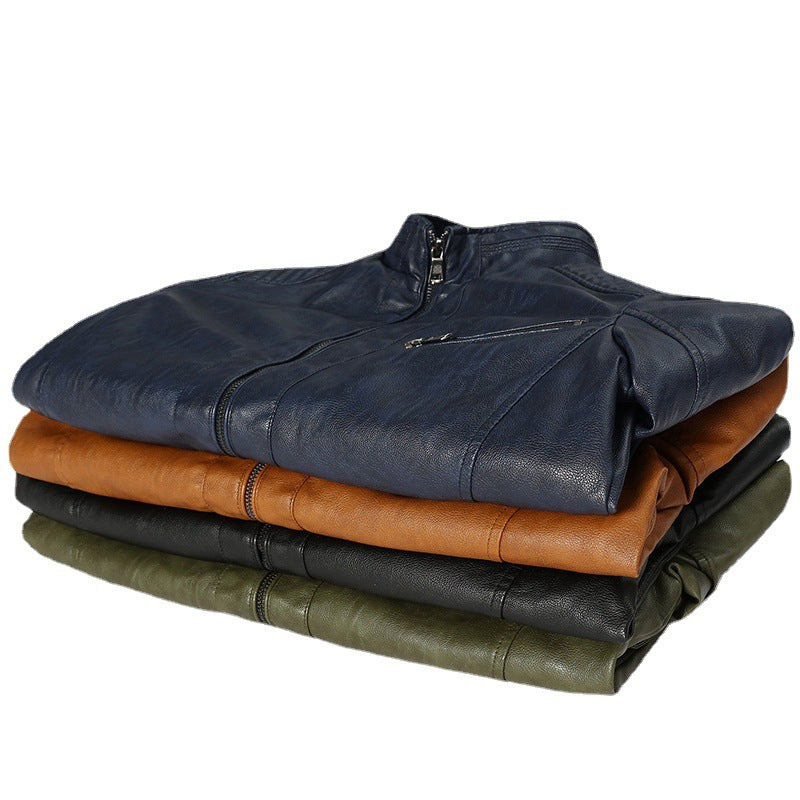 Herren Slim-Fit Motorradblouson aus Lederimitat mit Stehkragen und Reißverschlusstaschen Drune