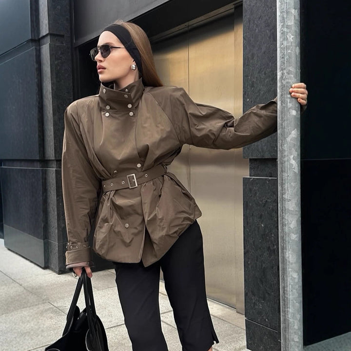 Damen modische Utility-Jacke mit Taillengürtel und trendy Knopfdetails Drune