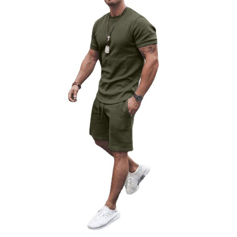 Herren nan figurbetontes Kurzarmshirt mit verstärkter Schulternaht und elastischer Kordelzug-Bermuda aus Stretchjersey Drune