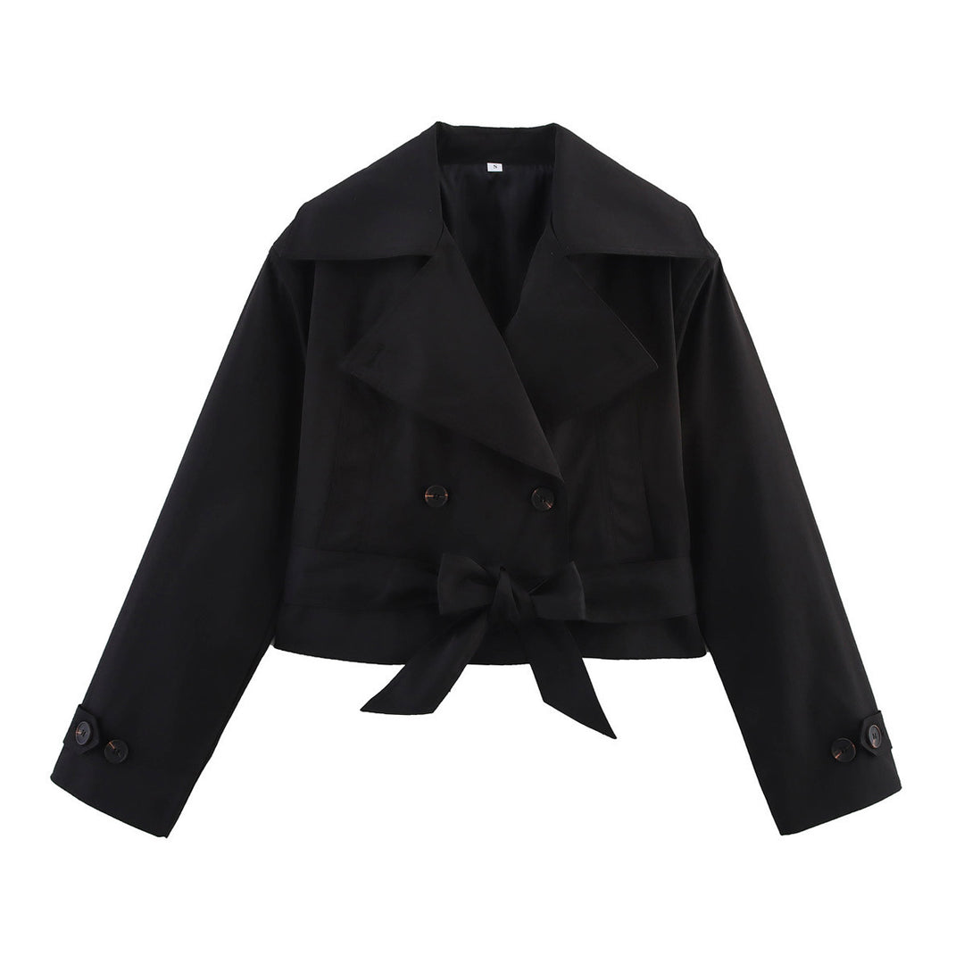 Damen Modische Kurzjacke mit breitem Kragen und Bindegürtel Drune