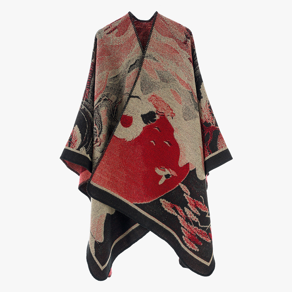 Damen Jacquard‑Strickcape mit floraler Grafik und asymmetrischem Saum Drune