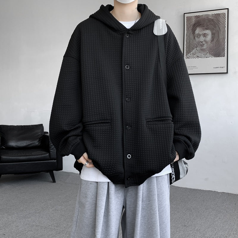 Herren Oversize-Stepp-Kapuzenjacke mit Waffelstruktur, Knopfleiste und Eingrifftaschen Drune