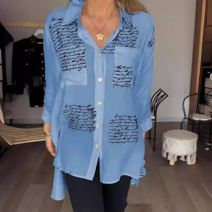 Damen Oversize Hemd Bluse aus leichtem Chiffon mit Text-Patch-Druck und aufgenähter Brusttasche Drune