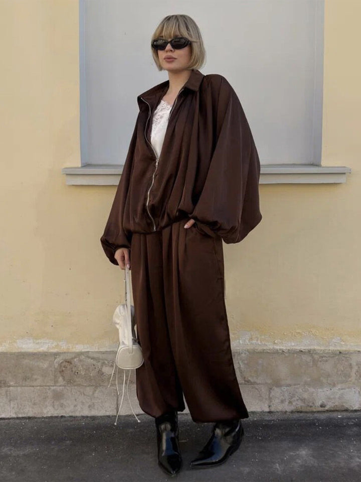 Damen Elegantes Satin-Zweiteiler-Set mit Oversize-Blouson und weiter Palazzo-Hose Drune