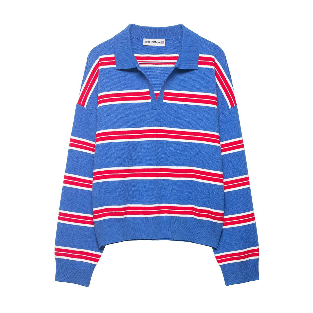 Damen Gestreifter Rugby-Polo-Pullover mit V-Notch und Cropped-Saum Drune