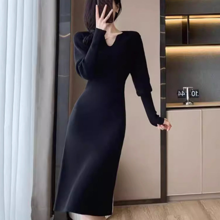 Damen Strickkleid mit tiefem V-Ausschnitt und speziell entwickelter Struktur Drune