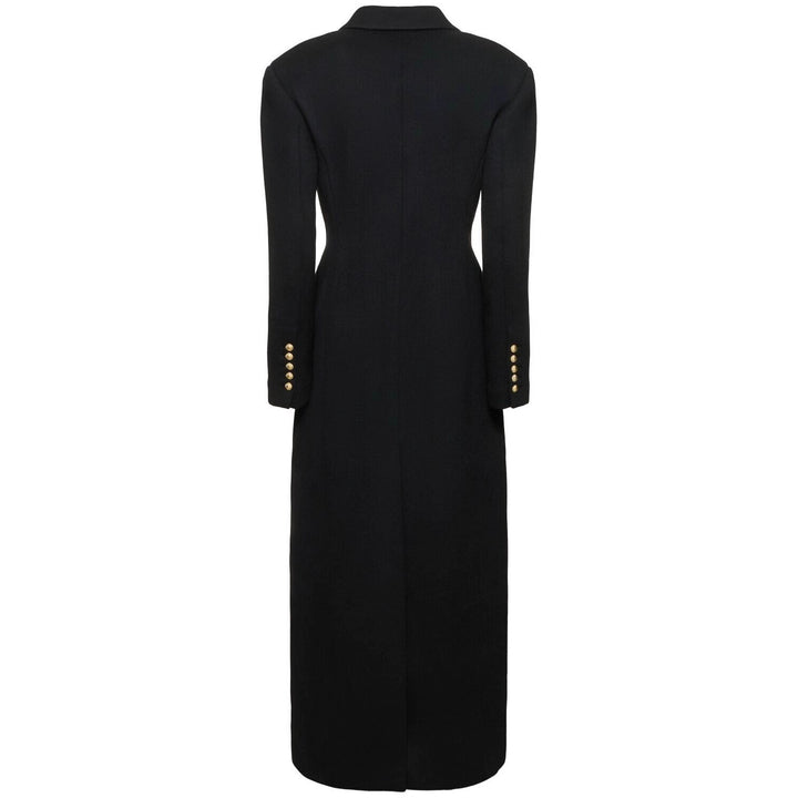 Damen Maxi-Mantelkleid mit markanter Schulterpartie und goldenen Zierknöpfen Drune