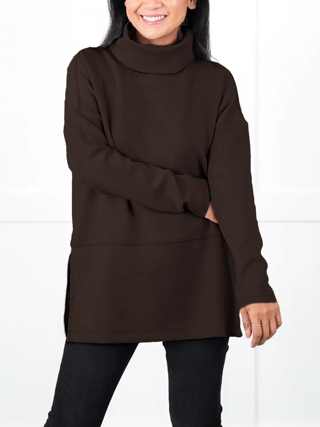 Damen Oversize Sweat-Tunika mit hohem Rollkragen, seitlichen Schlitzen und verlängertem Saum Drune